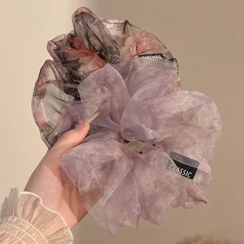Elegant Oversized Mesh Cloud Bubble Scrunchie For Women Floral Print Handmade Polyester Hair Tie Sweet Hair Ring Accessory