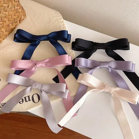 Damen Schwarze Schleife Band Haarklammer Satin Lange Schwanz Entenschnabel Clip Fee Stil Süße Elegante Haar Accessoires Für Den Alltag