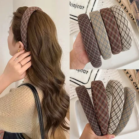 Vintage Karo Schwamm Breites Stirnband Koreanischer Preppy-Stil High Top Haarband Künstlerische Stoff Haar-Accessoires Für Damen