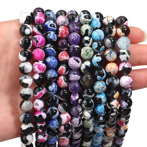 Natural Stone Fire Agate Round Loose Beads Polished Drilled Multicolor Gemstone Beads For DIY Bracelet Necklace Jewelry Making Accessory