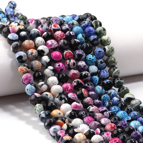 Natural Stone Fire Agate Round Loose Beads Polished Drilled Multicolor Gemstone Beads For DIY Bracelet Necklace Jewelry Making Accessory