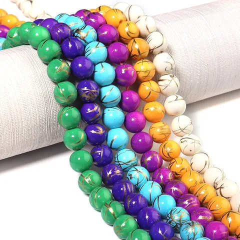 Synthetic Turquoise Gold Vein Round Loose Beads For DIY Bracelet Necklace Making Smooth Colored Stone Spacer Strand Craft Jewelry Findings