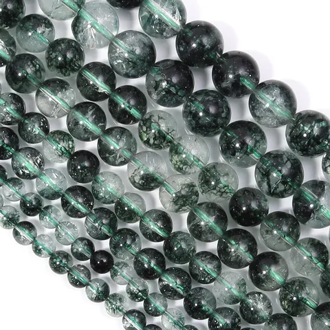 Polished Green Crystal Loose Beads Olive Crackled Quartz Phantom Round Beads Strand For Handmade DIY Bracelet Jewelry Making Material Supplies