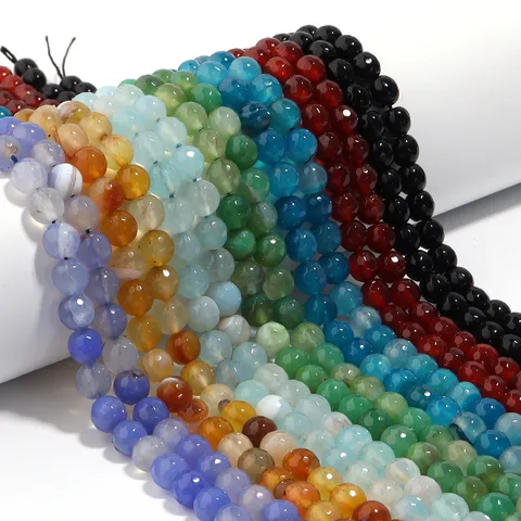 Faceted Natural Agate Loose Beads For DIY Necklace Bracelet Making Semi-Finished Strand Round Stone Beads Small Jewelry Accessory