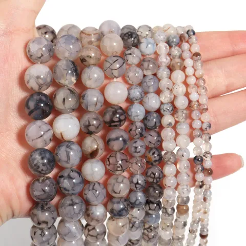 Natural Black White Dragon Veins Agate Loose Beads Round Stone Beads Cracked Pattern Semi Finished Strand For DIY Craft Making