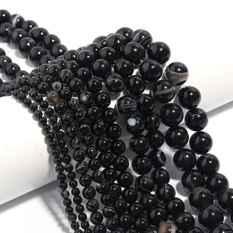 Natural Stone Black Striped Agate Loose Beads Polished Round Onyx Beads For Diy Jewelry Making Accessories Wholesale