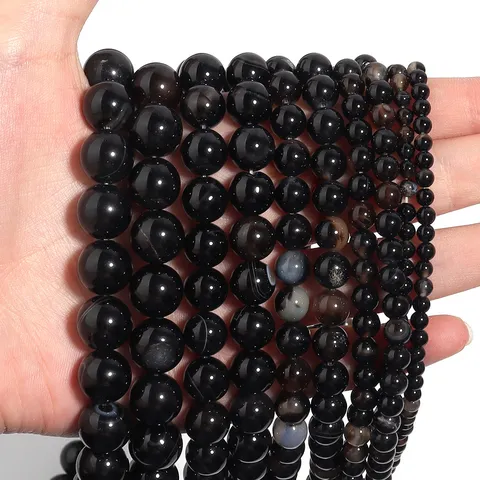 Natural Black Agate Beads For Jewelry Making DIY Bracelet Necklace Accessories Polished Round Gemstone Loose Beads Strand