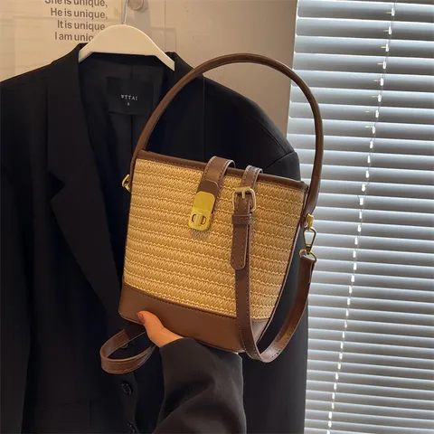 Borsa a Secchiello Intrecciata in Paglia Vintage Patchwork in Pelle Sintetica Con Manico Superiore Tracolla Con Chiusura a Lucchetto per Donna Vacanza
