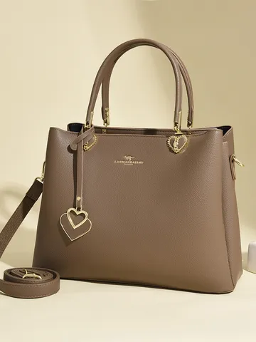 Women PU Leather Tote Bag Large Capacity Shoulder Handbag Casual Top Handle Satchel With Heart Pendant