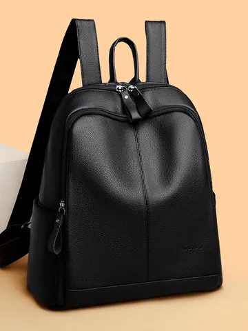 Sac à Dos en Cuir PU Décontracté pour Femme Grande Capacité Voyage École Cartable Couleur Unie Cuir Souple