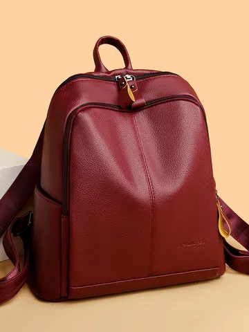 Sac à Dos en Cuir PU Décontracté pour Femme Grande Capacité Voyage École Cartable Couleur Unie Cuir Souple