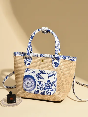 Women's Straw Woven Bucket Bag Commuter Casual Shoulder Crossbody Handbag With Printed Details