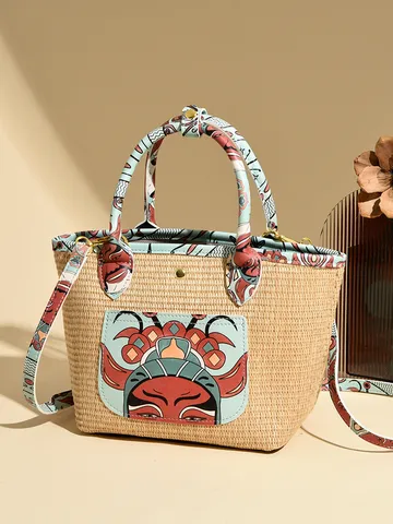 Women's Straw Woven Bucket Bag Commuter Casual Shoulder Crossbody Handbag With Printed Details