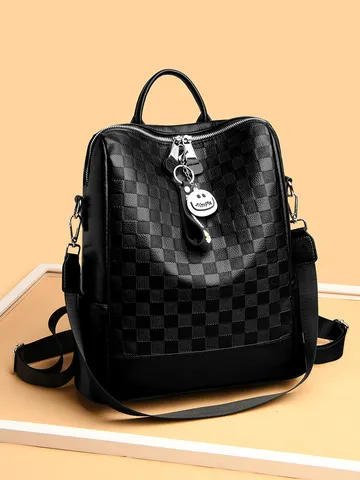 Women PU Leather Casual Backpack Checkerboard Splicing Anti-theft Travel Daypack Stylish School Bookbag With Pendant