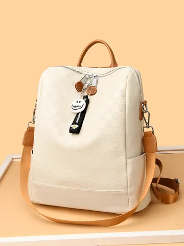 Women PU Leather Casual Backpack Checkerboard Splicing Anti-theft Travel Daypack Stylish School Bookbag With Pendant