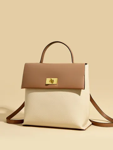 Minimalist PU Leather Women Backpack Fashion Casual School Travel Bag Contrast Color Chic Daily Daypack Handbag