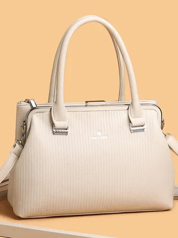 Women Large Capacity PU Leather Handbag Vintage Metal Frame Crossbody Bag Stylish Commuter Shoulder Bag