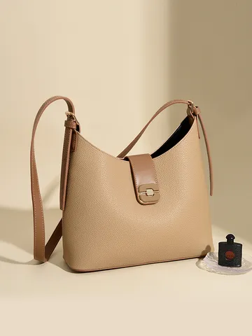 Women Fashion PU Leather Bucket Bag Minimalist Contrast Color Large Capacity Commuter Shoulder Bag Casual Crossbody Bag
