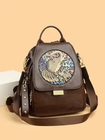 Women's PU Leather Embossed Backpack Large Capacity Casual Travel School Bag Multi-Functional Commute Daypack