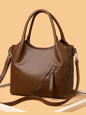 Women's Large Capacity Soft Leather Tote Bag Fashion Simple Solid Color Shoulder Bag Commuter Casual Handbag