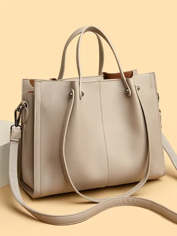 Women's Casual PU Leather Tote Bag Large Capacity Business Commuter Handbag Solid Color Shoulder Crossbody Bag
