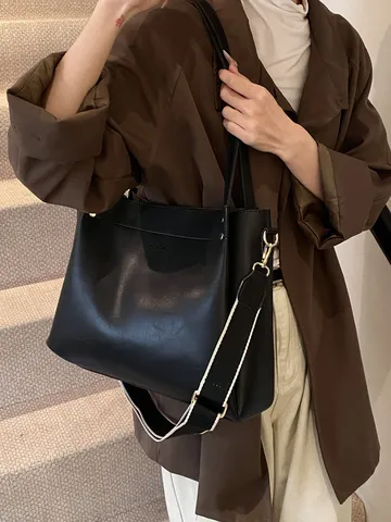 Women Large Capacity PU Leather Bucket Bag Color Block Casual Shoulder Handbag Tote Purse For Daily Commuting