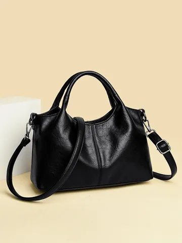 Retro PU Leather Tote Bag Minimalist Spliced Commuter Handbag Adjustable Wide Strap Casual Crossbody Shoulder Bag For Women