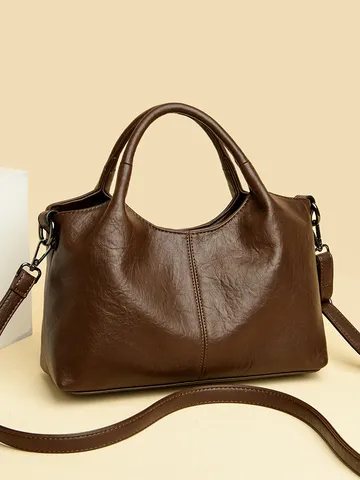 Retro PU Leather Tote Bag Minimalist Spliced Commuter Handbag Adjustable Wide Strap Casual Crossbody Shoulder Bag For Women