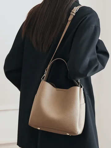 Women's Casual Soft PU Leather Bucket Bag Large Capacity Solid Color Shoulder Crossbody Handbag Daily Commuting Bag