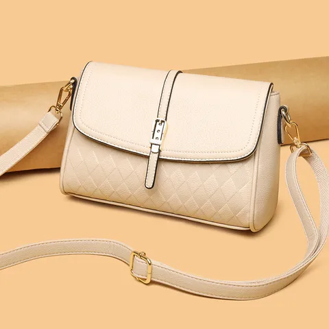 Minimalist Quilted Genuine Leather Crossbody Bag For Women Chic Commuter Shoulder Bag With Belt Buckle Wide Strap Casual Handbag