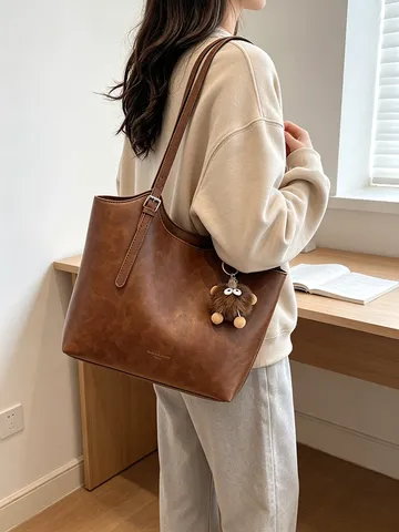 Women's Vintage Large Capacity Tote Bag PU Leather Casual Commuter Shoulder Handbag with Plush Pendant