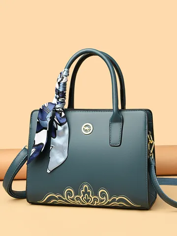Women Retro PU Leather Boston Bag Chinese Style Embroidery Top Handle Tote Bag With Silk Scarf Shoulder Bag