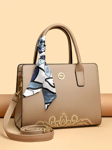 Women Retro PU Leather Boston Bag Chinese Style Embroidery Top Handle Tote Bag With Silk Scarf Shoulder Bag