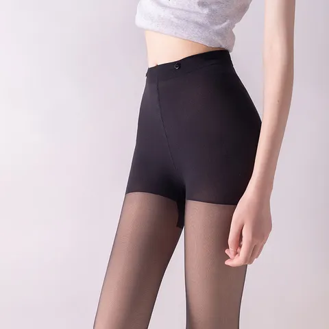 Women's Fleece Lined Fake Translucent Pantyhose Double Layer Thermal Nude Look Leggings Winter Warm High Waist Shaping Tights