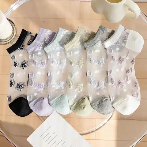 Women Ultra Thin Transparent Crystal Silk Socks Starfish Shell Embroidered Glass Silk Ankle Socks For Summer Daily Casual