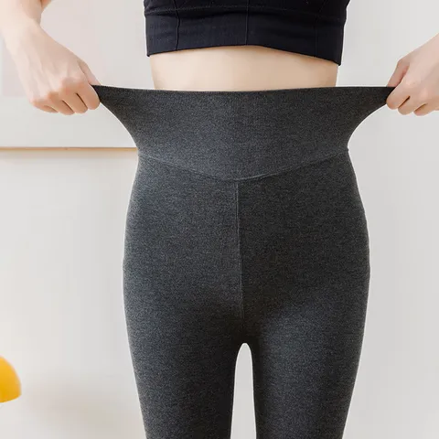 Women Cotton Ribbed Fleece Lined Leggings Slimming High Waist Tights Warm Winter Footed Pantyhose Daily Casual Solid Color Bottoms