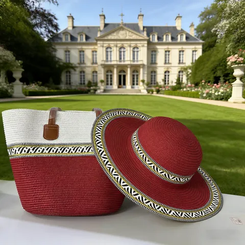 Boho Ethnisch Stil Stroh Gewebt Umhängetasche Und Sonnenhut Set Für Damen Sommer Urlaub Strand Große Kapazität Farbblock Geometrische Textur Band Strohtasche Sonnenschutz Hut Set