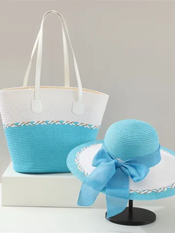 Damen Sommer Gewebte Stroh Handtasche Und Sonnenhut Set Schleife Dekor Flache Krone Sonnenschutz Strand Urlaub Zubehör Set