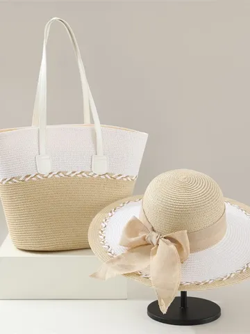 Damen Sommer Gewebte Stroh Handtasche Und Sonnenhut Set Schleife Dekor Flache Krone Sonnenschutz Strand Urlaub Zubehör Set