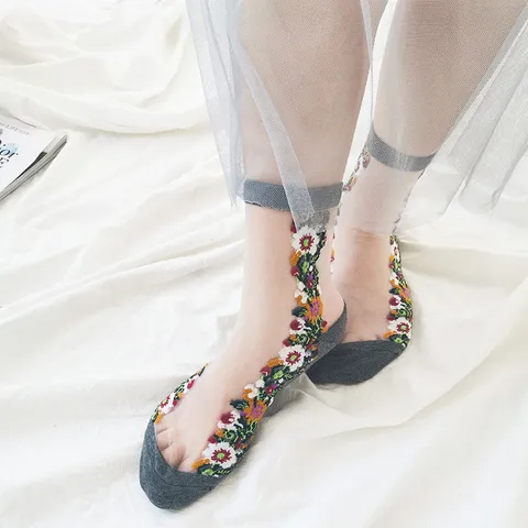Calcetines de Seda de Vidrio con Bordado Floral Vintage para Mujer Malla de Cristal Transparente Estilo Lolita Calcetines Cortos Transpirables