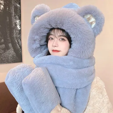 Χαριτωμένο Σετ 3 σε 1 Σκούφος Κασκόλ Γάντια από Λούτρινο με Αυτιά Αρκούδας Χειμερινό Ζεστό Τεχνητή Γούνα για Γυναίκες Παιδιά