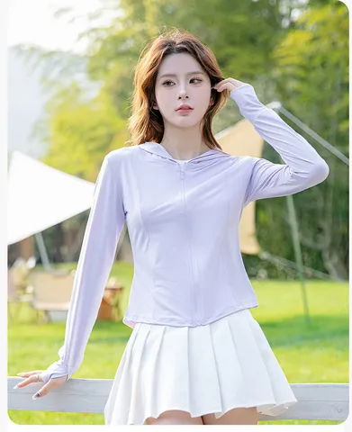Women Slim Fit Sun Protection Jacket UV Protection Hooded Ice Silk Zip Up Yoga Sport Coat Nylon Spandex Outdoor Sunscreen Clothing