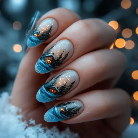 Matte Almond Press On Nails Matte Blue Starry Sky Forest Cabin Pattern Medium Wearable Fake Nails Extension Full Cover Polish Gel Manicure Patch For Women Girl Gift
