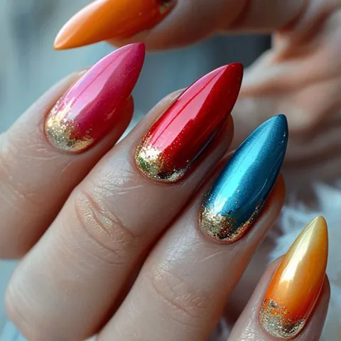 Western Style Almond Shape Press On Nails Mirror Finish Mixed Color Gold Glitter Fake Nails Set With Jelly Glue And File BKS3094