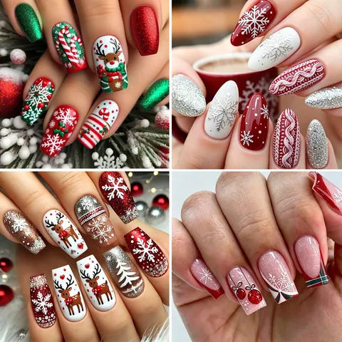 Christmas Press On Nails Medium Coffin Fake Nails Artificial Nail Tips With Santa Claus Snowflake Pattern For Women Party Art Decoration