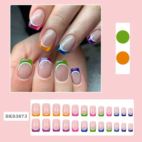 Bunte Französische Nägel Zum Aufdrücken Kurz Quadratisch Künstliche Falsche Nagelspitzen Tägliche Falsche Nägel Verlängerungsset Für Damen Nagelkunst Dekoration