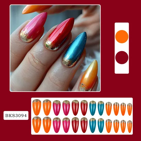 Western Style Almond Shape Press On Nails Mirror Finish Mixed Color Gold Glitter Fake Nails Set With Jelly Glue And File BKS3094