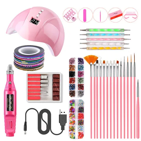 Ensemble d'Outils de Nail Art Professionnel en ABS Avec Lampe à Ongles UV LED Ponceuse Électrique Brosse Kit de Limes pour Manucure Pédicure Salon Maison Soin Femme