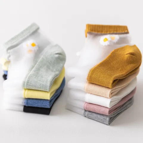 Damen Gänseblümchen Gestickte Durchsichtige Glasseidensocken Sommer Dünne Atmungsaktive Kristall Kurzsocken Blumenmuster Socken