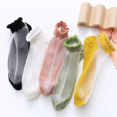 Chaussettes en Soie de Verre pour Femmes Été Minces Respirantes Bordure à Volants Style Japonais Chaussettes Invisibles Couleur Unie Doux Transparent